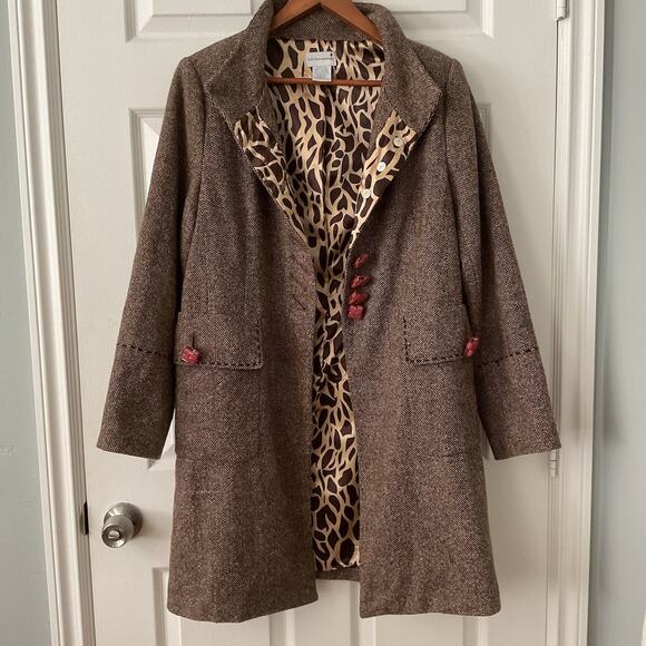 Soft Surroundings Wool Blend Pea Coat Brown Tweed Winter Outerwear Size L - Picture 2 of 5